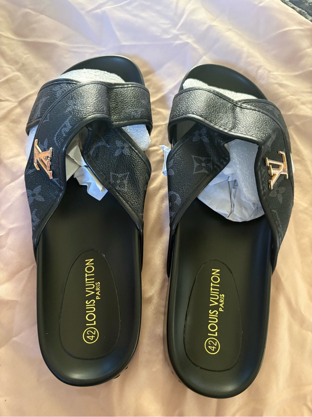 Louis Vuitton Black Monogram Cross-Strap Slide Sandals with Gold LV Accent